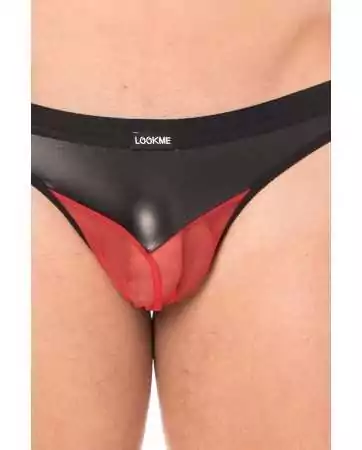 Black faux leather and red fishnet string - LM2005-57BKR