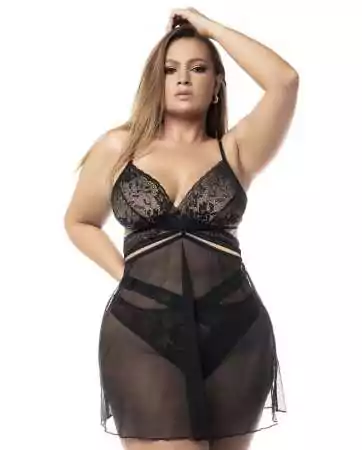Sexy lingerie, plus size, 2 in 1, Black chemise with bra and thong - MAL7489XBLK