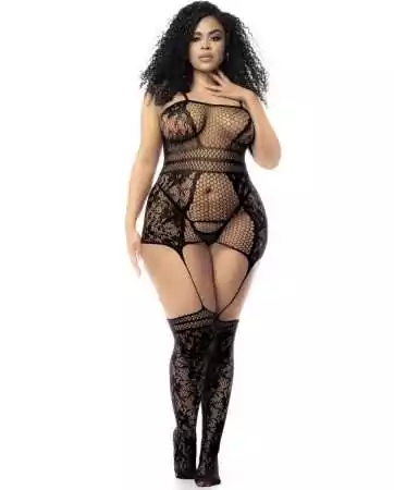 Black bodystocking in plus size, fishnet stockings, low-cut neckline, and straps - MAL1105XBLK