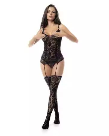 Floral fishnet sexy bodystocking with fishnet stockings - MAL1104BLK
