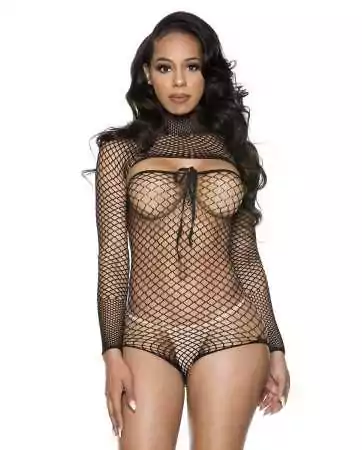 Large fishnet bodystocking and matching crop top with sleeves - ML80097BLK