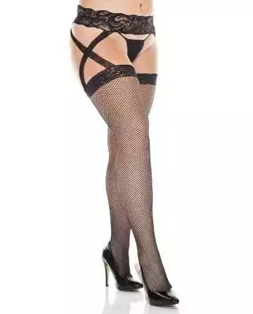 Black fishnet tights in plus size with the effect of stockings and double lace garter belts - MH7910XBLK