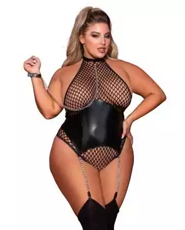 Großes Netz-Bodystocking mit Kunstleder-Strumpfhaltergürtel und Ketten - DG12495XBLK