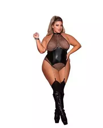 Großes Netz-Bodystocking mit Kunstleder-Strumpfhaltergürtel und Ketten - DG12495XBLK