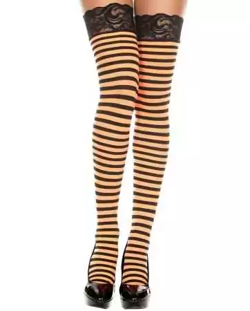 Black striped orange thigh-high stockings with lace garters - MH4740BKO