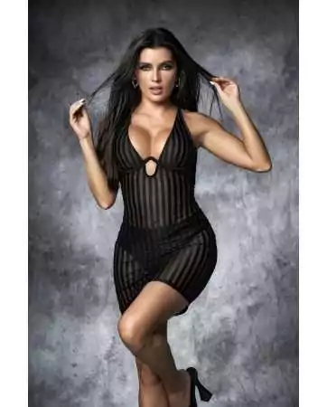 Short black fishnet dress with vertical stripes - MAL4584BLK