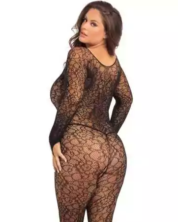 Bodystocking, tamanho grande, mangas compridas em renda e rede preta - REN7084X-BLK