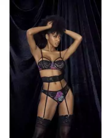 Deux-en-un, nuisette et ensemble trois pièces noir, tissu fleur exotique - MAL7496PRT