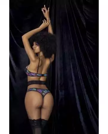 Deux-en-un, nuisette et ensemble trois pièces noir, tissu fleur exotique - MAL7496PRT