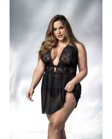 Nightgown with wide neckline, plus size, in black lace and mesh, and thong - MAL7500XBLK