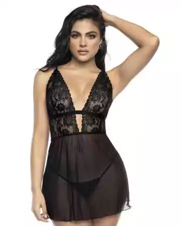 Nuisette avec large décollectée en dentelle et résille noire et string assorti - MAL7500BLK