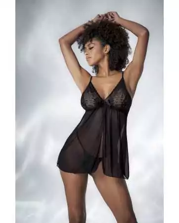 Black lace and fishnet open front babydoll - MAL7501BLK