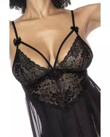 Schwarzes Negligé aus Spitze und Netzstoff mit sexy String - MAL7502BLK.