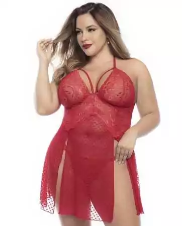 Open-back chemise, plus size, in red lace and sheer mesh with thong - MAL7506XRED