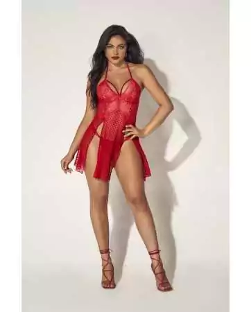 Open-back red lace and sheer mesh nightie with matching thong - MAL7506RED