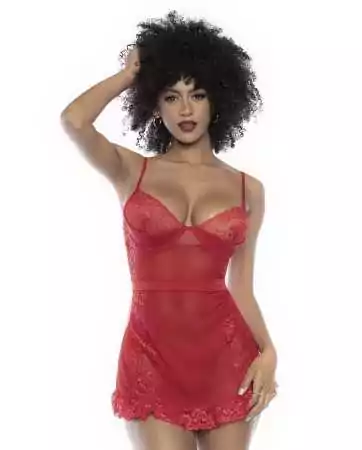 Lace and red fishnet babydoll with matching string - MAL7507RED