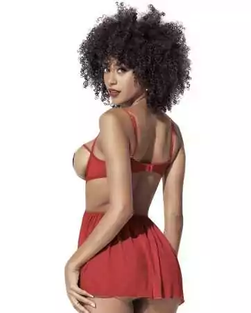 Nuisette fine résille rouge avec bonnets ouverts et string - MAL7508RED