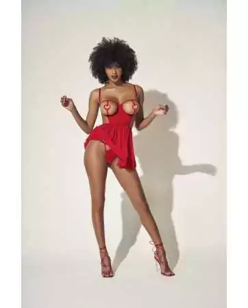 Nuisette fine résille rouge avec bonnets ouverts et string - MAL7508RED