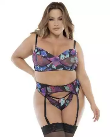 Three-piece set in black, large size, with exotic flower print - MAL8770XPRT