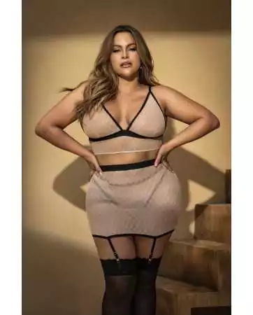 Bra, thong, and skirt, plus size, nude/black fishnet - MAL8776XNBL