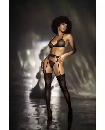 3 peças de lingerie sexy em fina rede preta - MAL8786BLK