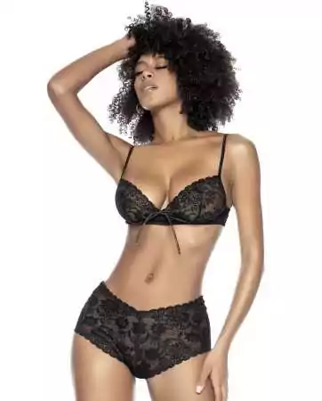 Lace-up black floral lace bra and shorty set - MAL8803BLK