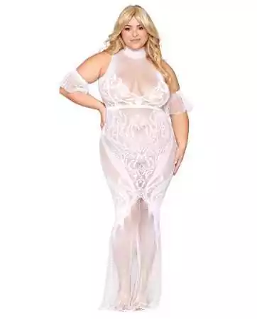 Bodystrumpf-Kleid, Große Größe, aus weißer Netz- und Spitzenstoff - DG0490XWHT.