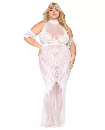 Body stocking dress, plus size, in white fishnet and lace - DG0490XWHT