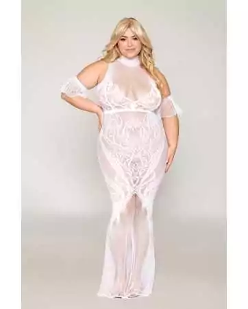 Bodystrumpf-Kleid, Große Größe, aus weißer Netz- und Spitzenstoff - DG0490XWHT.