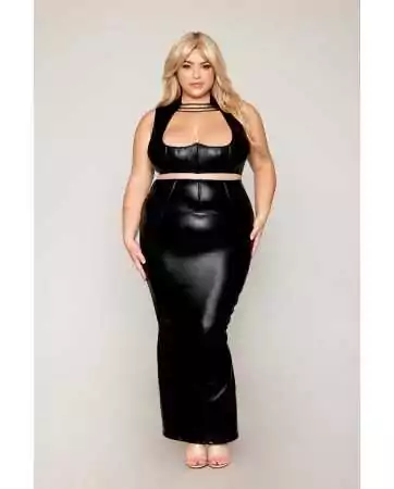 Set of bra and long skirt, plus size, black faux leather - DG13198XBLK
