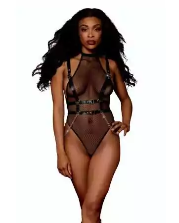 Mesh bodysuit with faux leather harness and chains - DG13291BLK