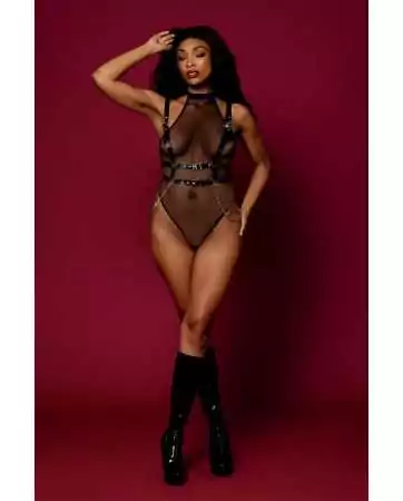Mesh bodysuit with faux leather harness and chains - DG13291BLK