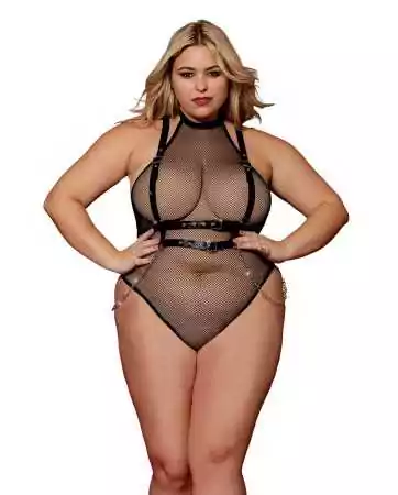 Mesh bodysuit, plus size, with faux leather harness and chains - DG13291XBLK