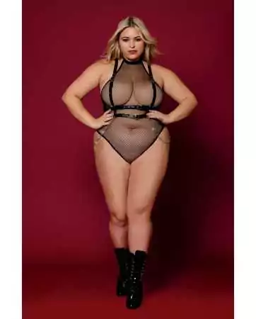 Mesh bodysuit, plus size, with faux leather harness and chains - DG13291XBLK