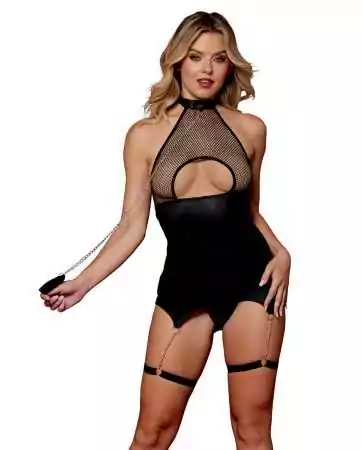 Black mesh BDSM body with corset / garter belt, faux leather, integrated - DG13295BLK