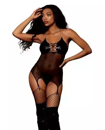 Chemise with garter belt in faux leather and fine mesh - DG13297BLK