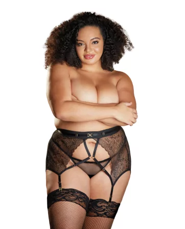 Lace black suspender belt in plus size and string CHARISSA - 12-7012XB