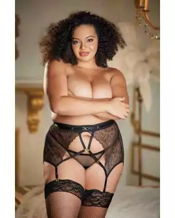 Lace black suspender belt in plus size and string CHARISSA - 12-7012XB