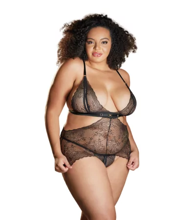 Black lace nightgown in plus size with open crotch ROSIE - 17-6002XB