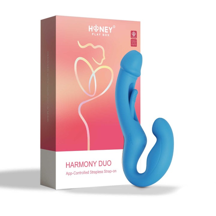 Harmony Duo Strap on vibrant avec tapotage - Bleu - Oralove