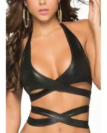 Black sexy wetlook top with plunging neckline and straps - MAL9024WBK