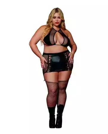Bra and suspender skirt in large size in mesh and imitation leather - DG13290XBLK