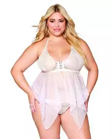 Babydoll and plus-size thong in white mesh and lace - DG13314WHT