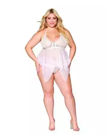 Babydoll and plus-size thong in white mesh and lace - DG13314WHT