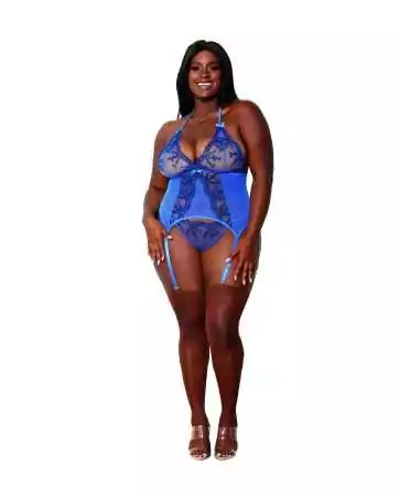 Two-piece set in large size, blue bustier with garter belt and string - DG12957XPER