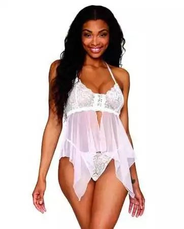 Babydoll and thong set in white fishnet and lace - DG13314WHT