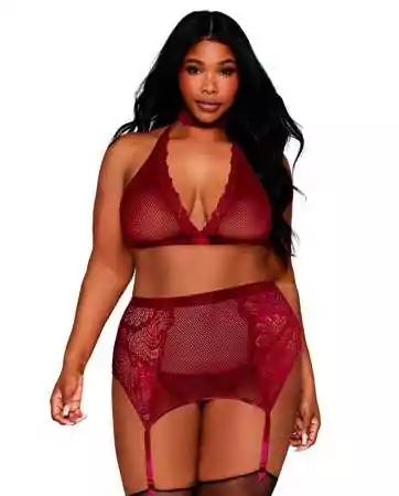 Ensemble 4 pièces grande taille soutien gorge, tour de cou, string et porte jarretelles rouge - DG11776XGAR