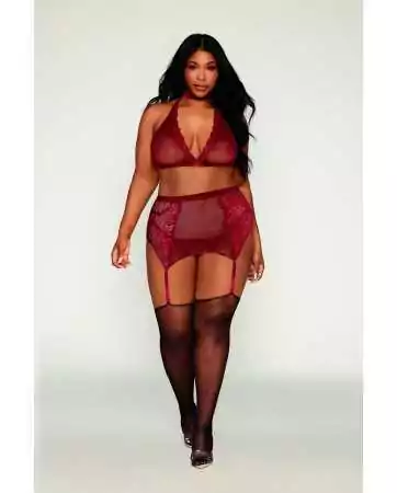 4-piece plus size lingerie set, including a bra, choker, thong, and red garter belt - DG11776XGAR