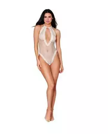 White fishnet and lace bodysuit with pearls on the back - DG12832WHT