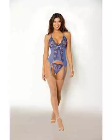 Blue two-piece set with a bustier, garter belt, and thong - DG12957PER